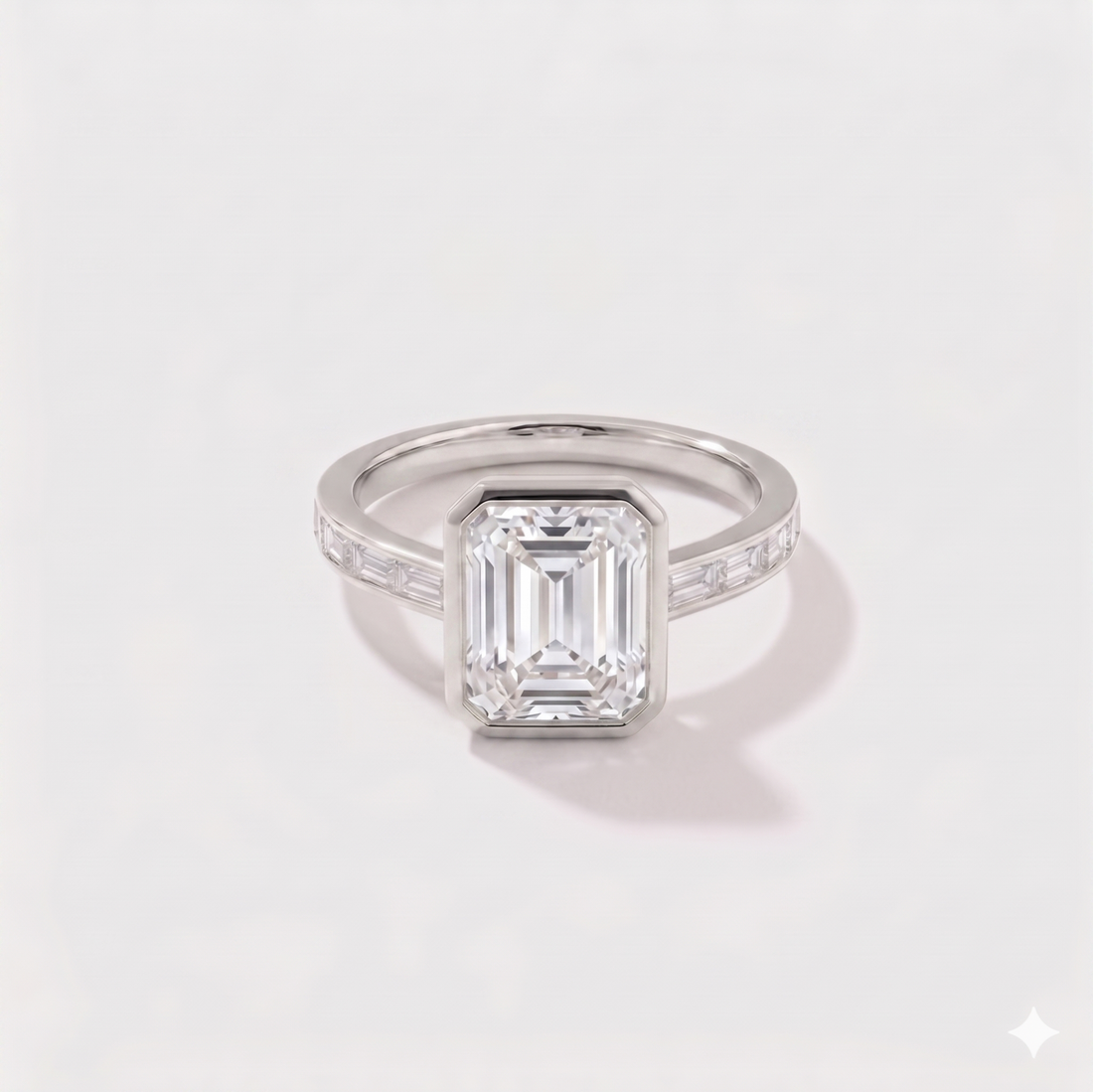 Emerald cut channel set solitaire lab-grown diamond engagement ring in 14K white gold by Cove Fine Jewelry