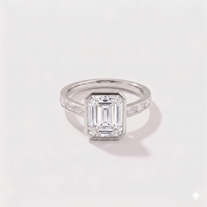 Emerald cut channel set solitaire lab-grown diamond engagement ring in 14K white gold by Cove Fine Jewelry