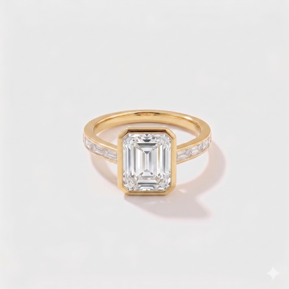 Emerald cut channel set solitaire lab-grown diamond engagement ring in 14K yellow gold by Cove Fine Jewelry