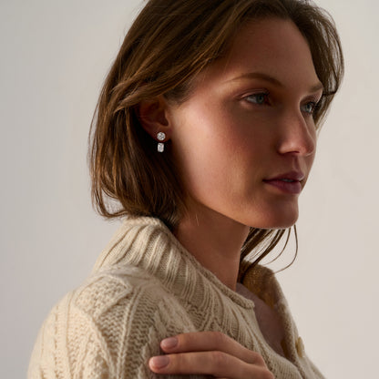 Emerald-cut lab-grown diamond drop ear jackets in 14k yellow gold with diamond stud tops.