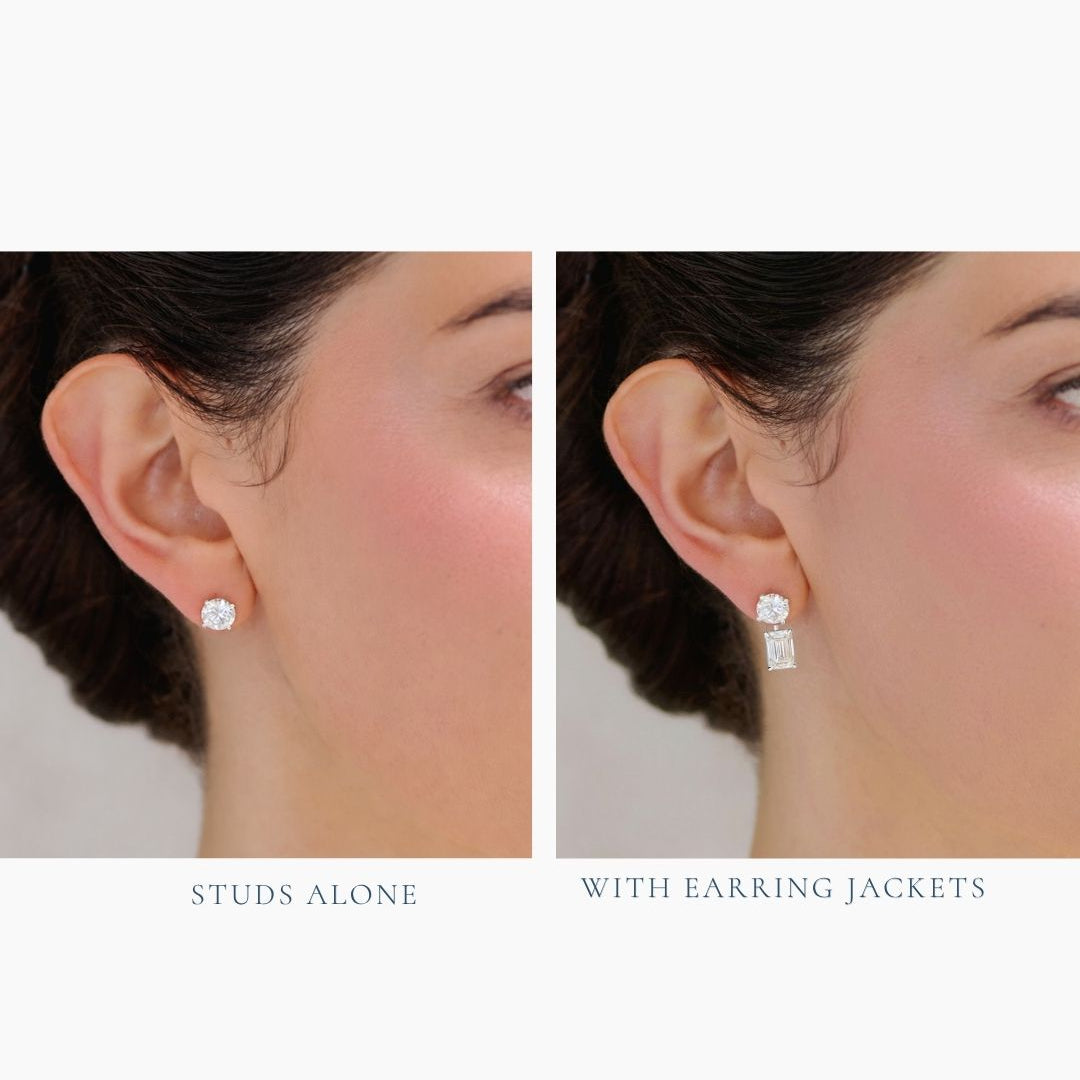 Emerald-cut lab-grown diamond ear jackets in 14K gold with an adjustable drop design, sold as a pair.