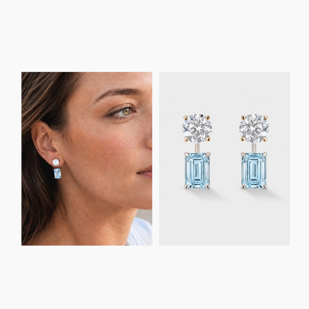 Emerald-cut lab-grown diamond ear jackets in 14K gold with an adjustable drop design, sold as a pair.