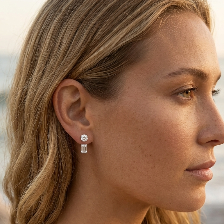 Model wearing emerald-cut lab-grown diamond earring jackets below diamond studs
