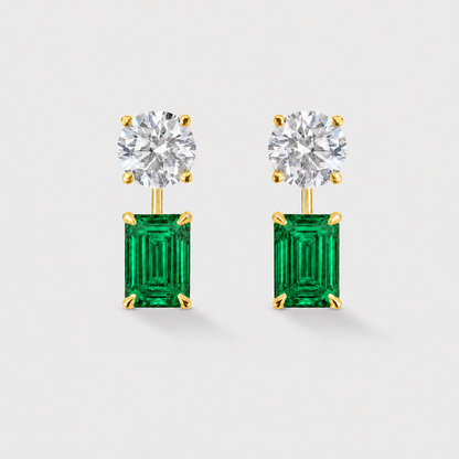 Removable emerald-cut lab-grown emerald earring jackets designed to pair with diamond studs.