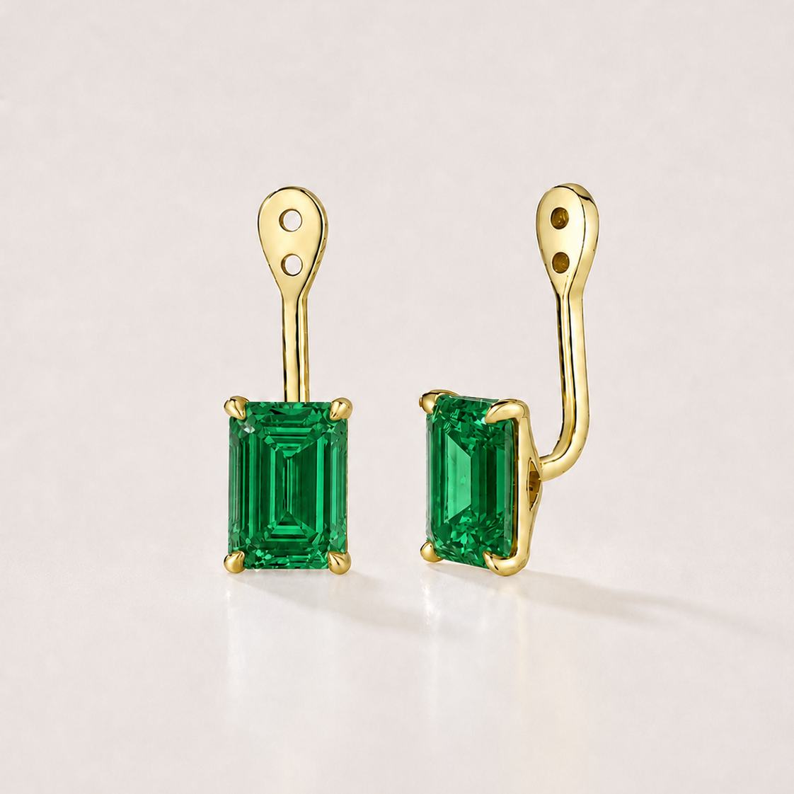 Lab-grown emerald earrings with removable emerald-cut drops in solid 14k gold