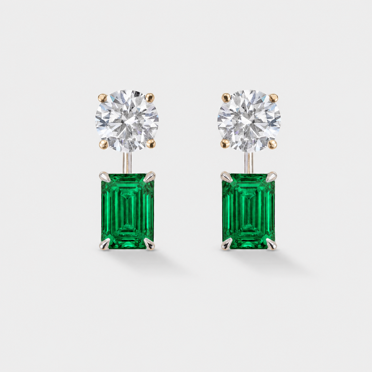 Lab-grown emerald earring jackets in 14K white gold, designed to add vibrant green emerald gemstones to stud earrings