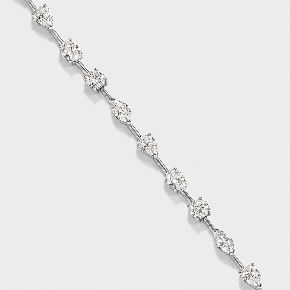 mixed-shape lab-grown diamond tennis bracelet with oval, marquise, pear and round diamonds in 14k white gold 5 ctw