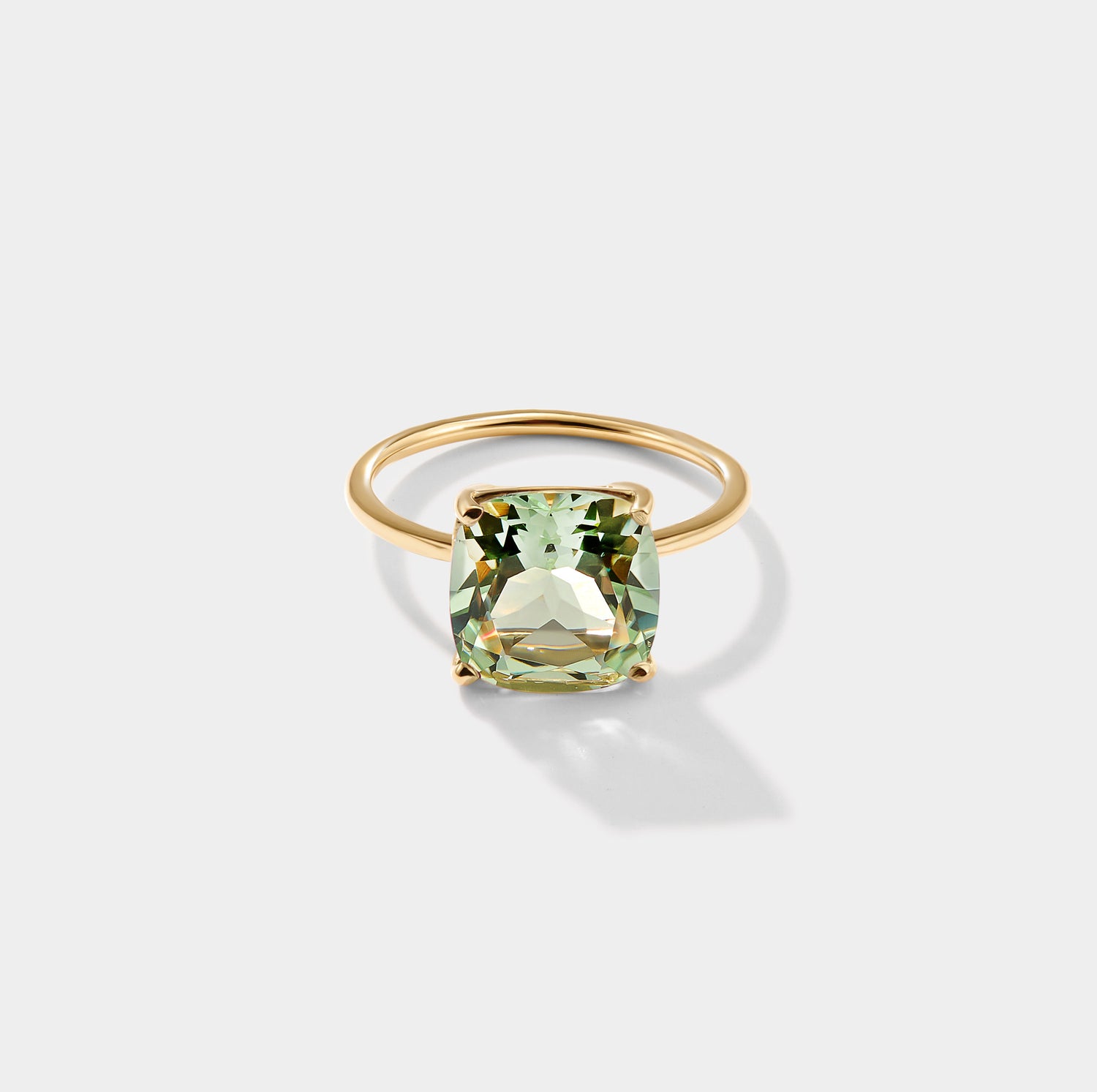 Cushion cut green amethyst parasolite ring in solid 14k gold, Cove Signature Ring statement gemstone ring made in the USA