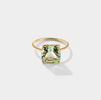 Cushion cut green amethyst parasolite ring in solid 14k gold, Cove Signature Ring statement gemstone ring made in the USA
