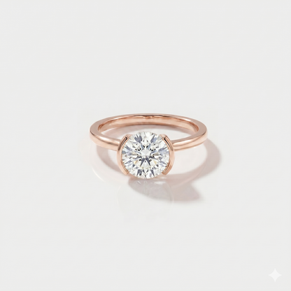 Round half bezel solitaire lab-grown diamond engagement ring in 14K rose gold. 
