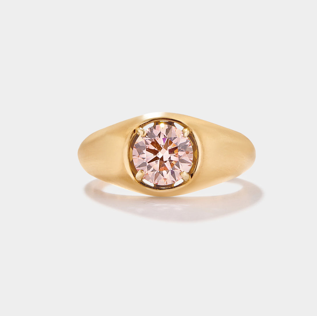 Lab grown pink diamond ring light fancy intense pink VS1 set in 14k yellow gold matte solitaire by Cove Fine Jewelry
