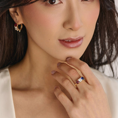 Red white and blue gemstone three-stone ring with lab-grown diamond ruby and sapphire fine jewelry