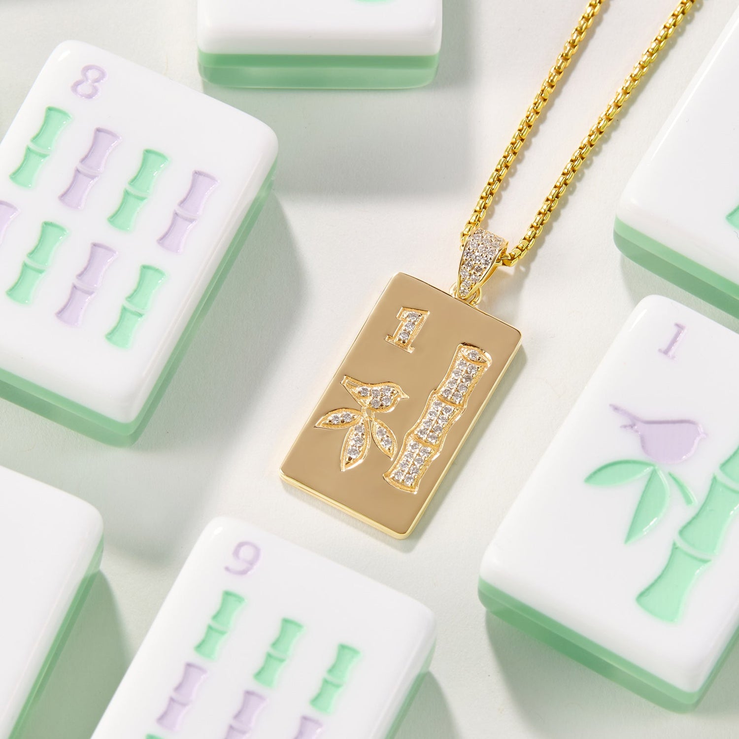 14k gold mahjong pendant necklace with lab grown diamonds inspired by BAM Let’s Mahjong Garden Party collection