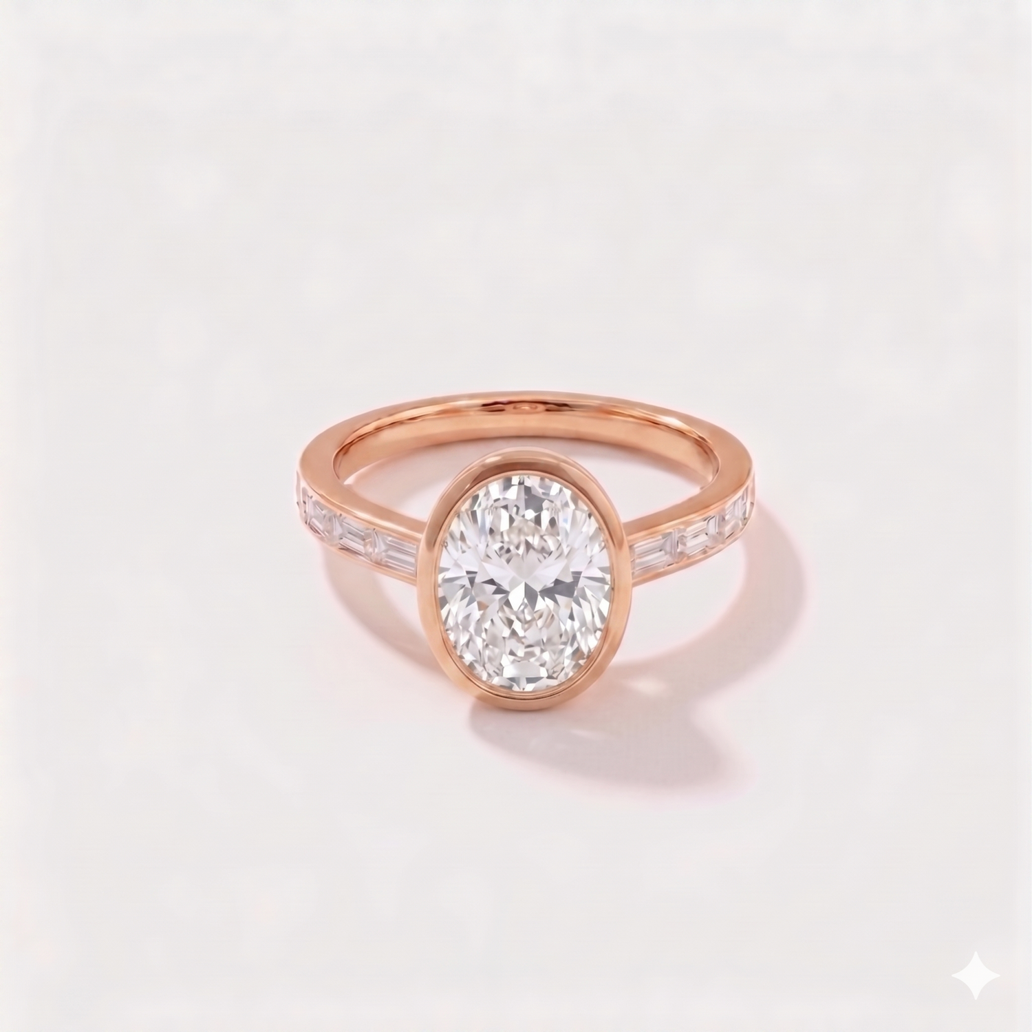 Oval bezel-channel set solitaire lab-grown diamond engagement ring in 14K rose gold by Cove Fine Jewelry
