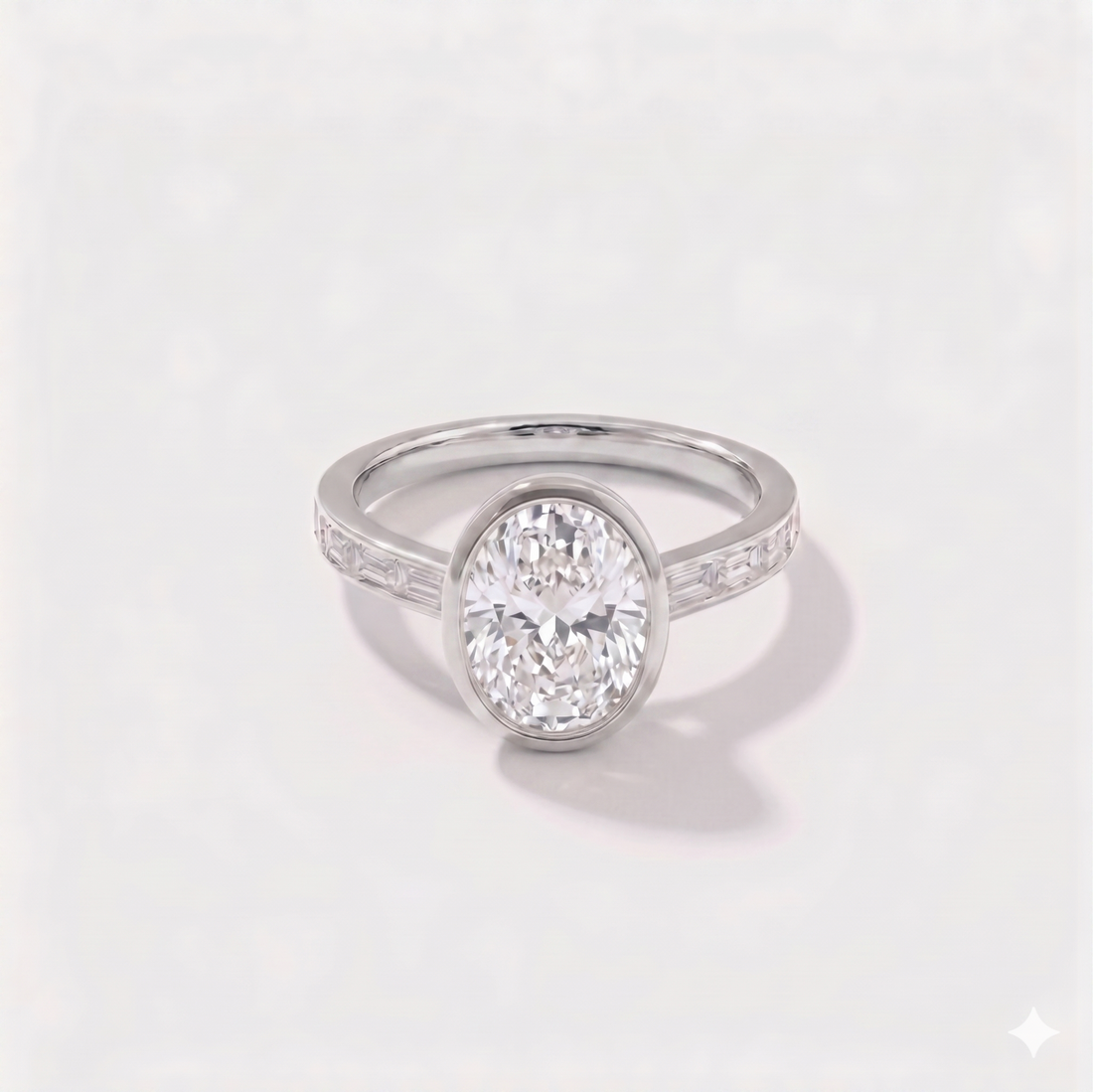 Oval bezel channel set solitaire lab-grown diamond engagement ring in 14K white gold by Cove Fine Jewelry