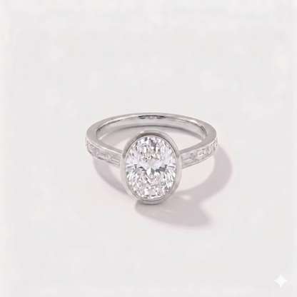 Oval bezel channel set solitaire lab-grown diamond engagement ring in 14K white gold by Cove Fine Jewelry