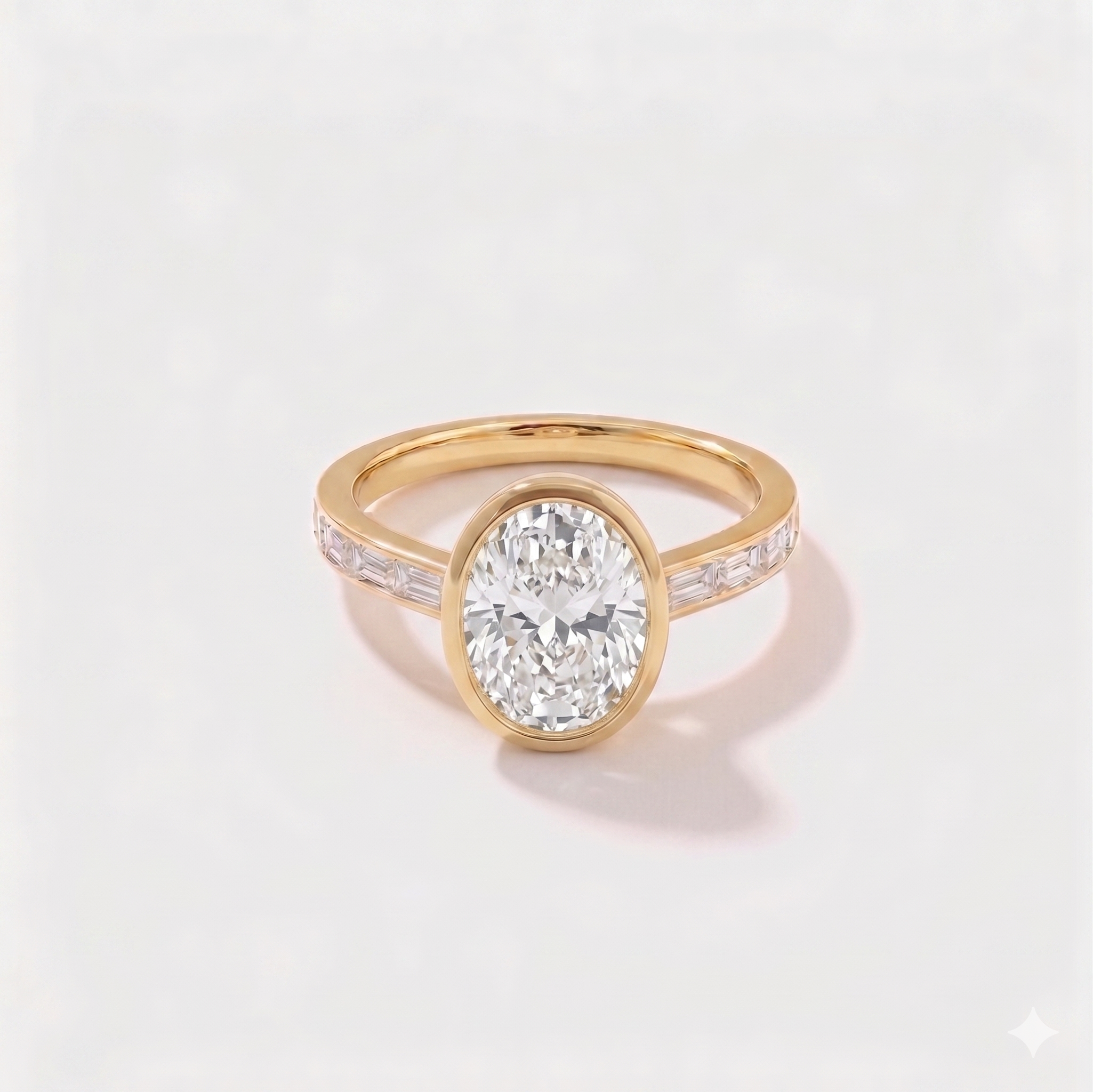 Oval bezel channel set solitaire lab-grown diamond engagement ring in 14K yellow gold by Cove Fine Jewelry