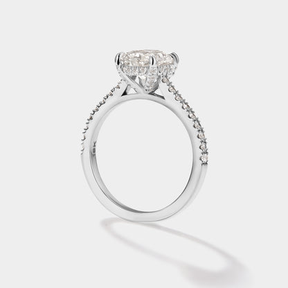 Close-up of oval cathedral halo engagement ring with pave band.