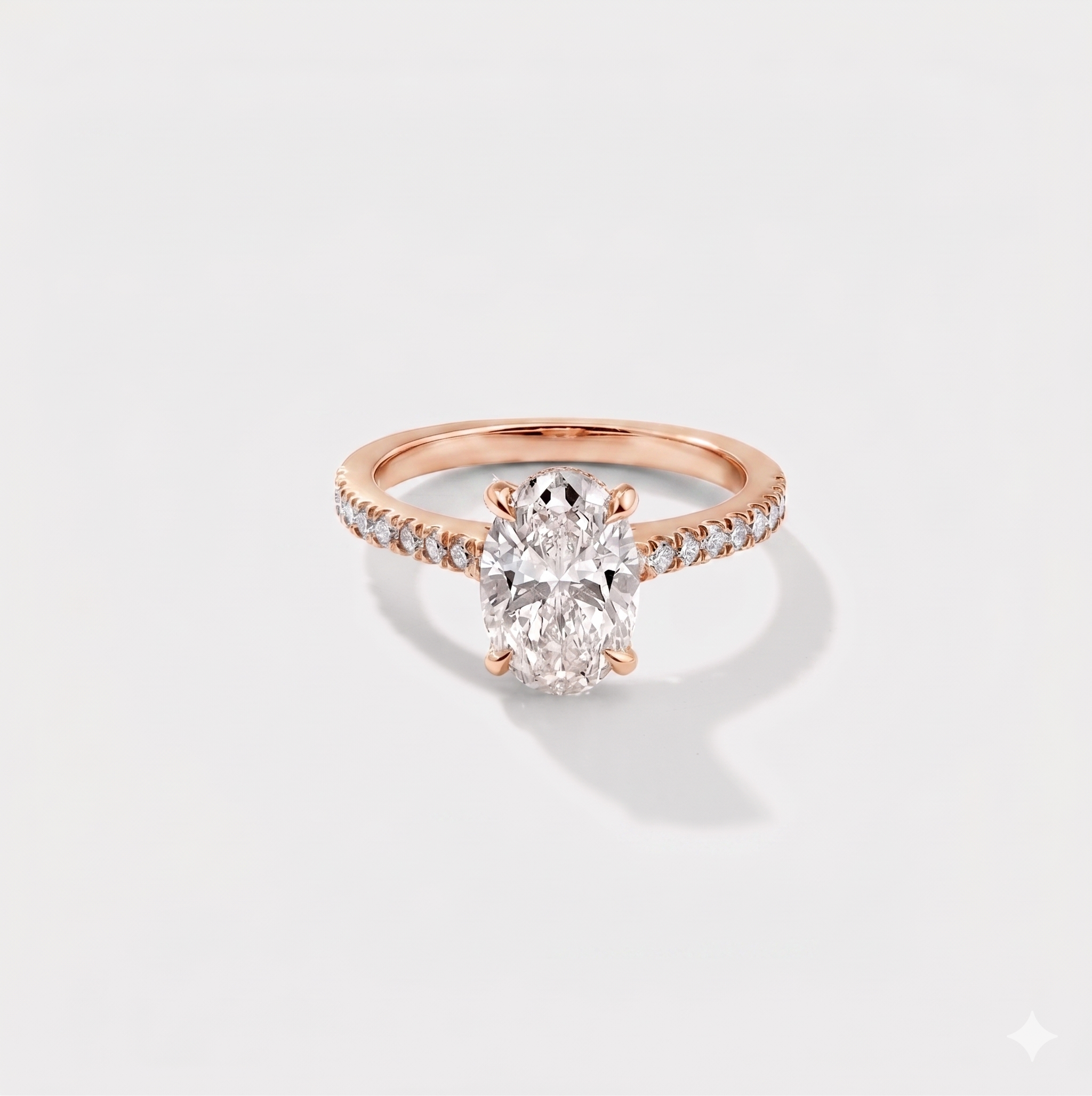 Oval cathedral halo lab-grown diamond engagement ring in 14K rose gold by Cove Fine Jewelry