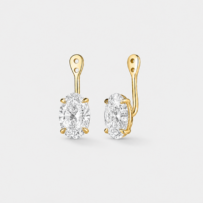 Front and angled views of 4 carat oval lab-grown diamond earring jackets in 14k yellow gold.