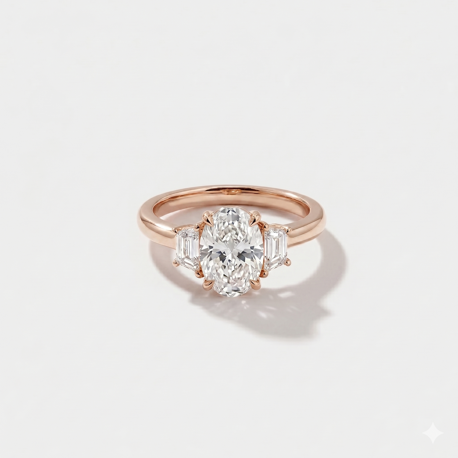 Oval three stone lab-grown diamond engagement ring in 14K rose gold by Cove Fine Jewelry