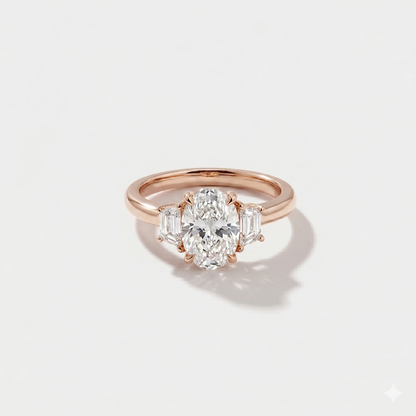 Oval three stone lab-grown diamond engagement ring in 14K rose gold by Cove Fine Jewelry