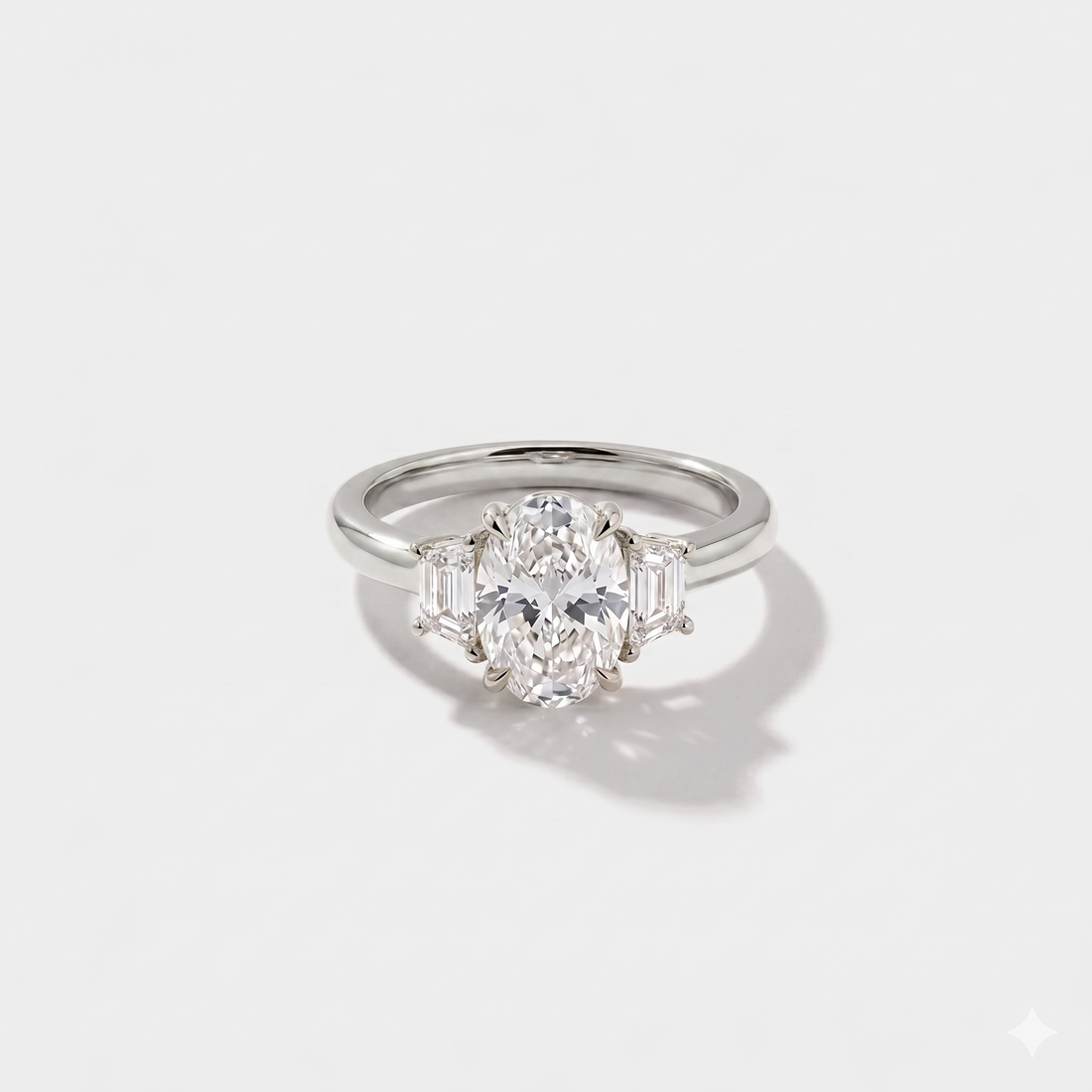 Oval three stone lab-grown diamond engagement ring in 14K white gold by Cove Fine Jewelry