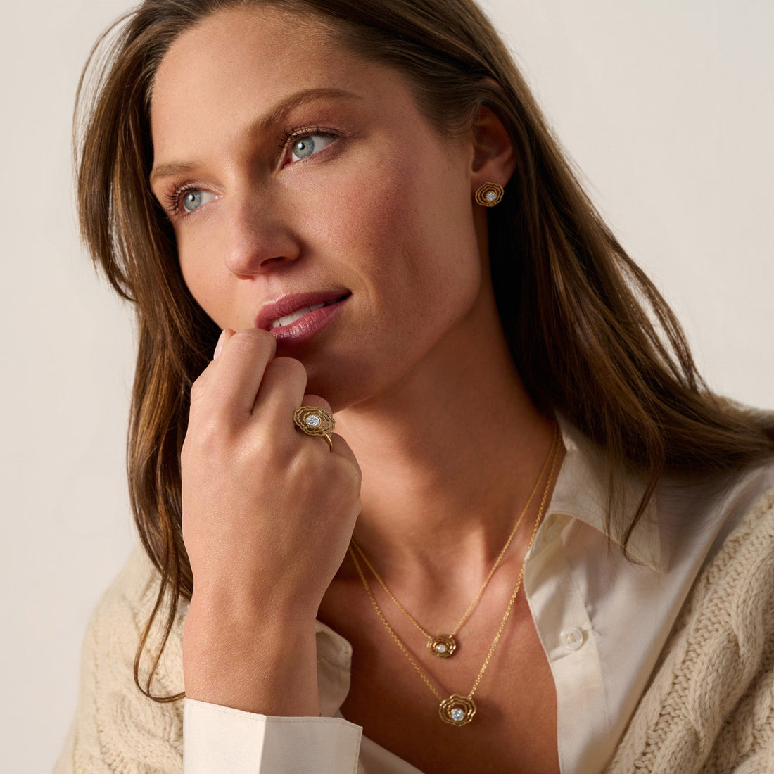 Bayside Oyster Diamond Necklace, showing the oyster design and lab-grown diamond paired with matching oyster ring and mini oyster pearl necklace