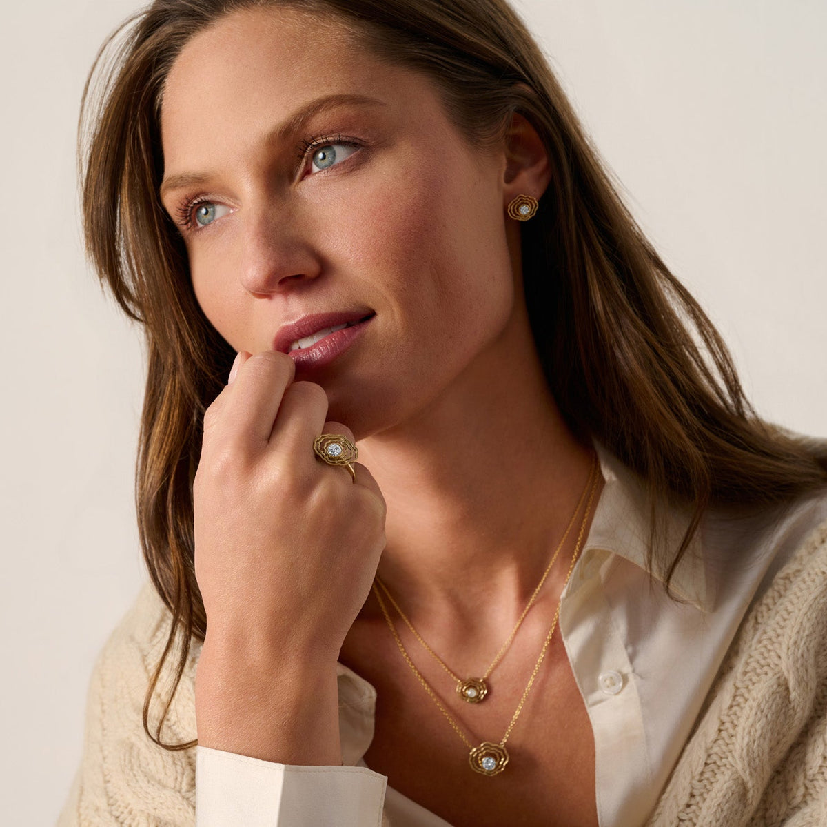 Bayside Oyster Diamond Necklace, showing the oyster design and lab-grown diamond paired with matching oyster ring and mini oyster pearl necklace