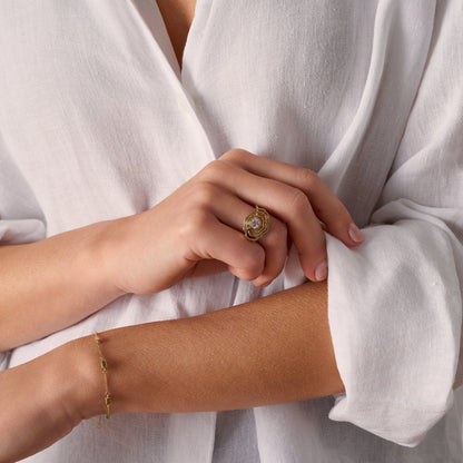 Model wearing the Bayside Oyster Diamond Ring cape cod jewelry.