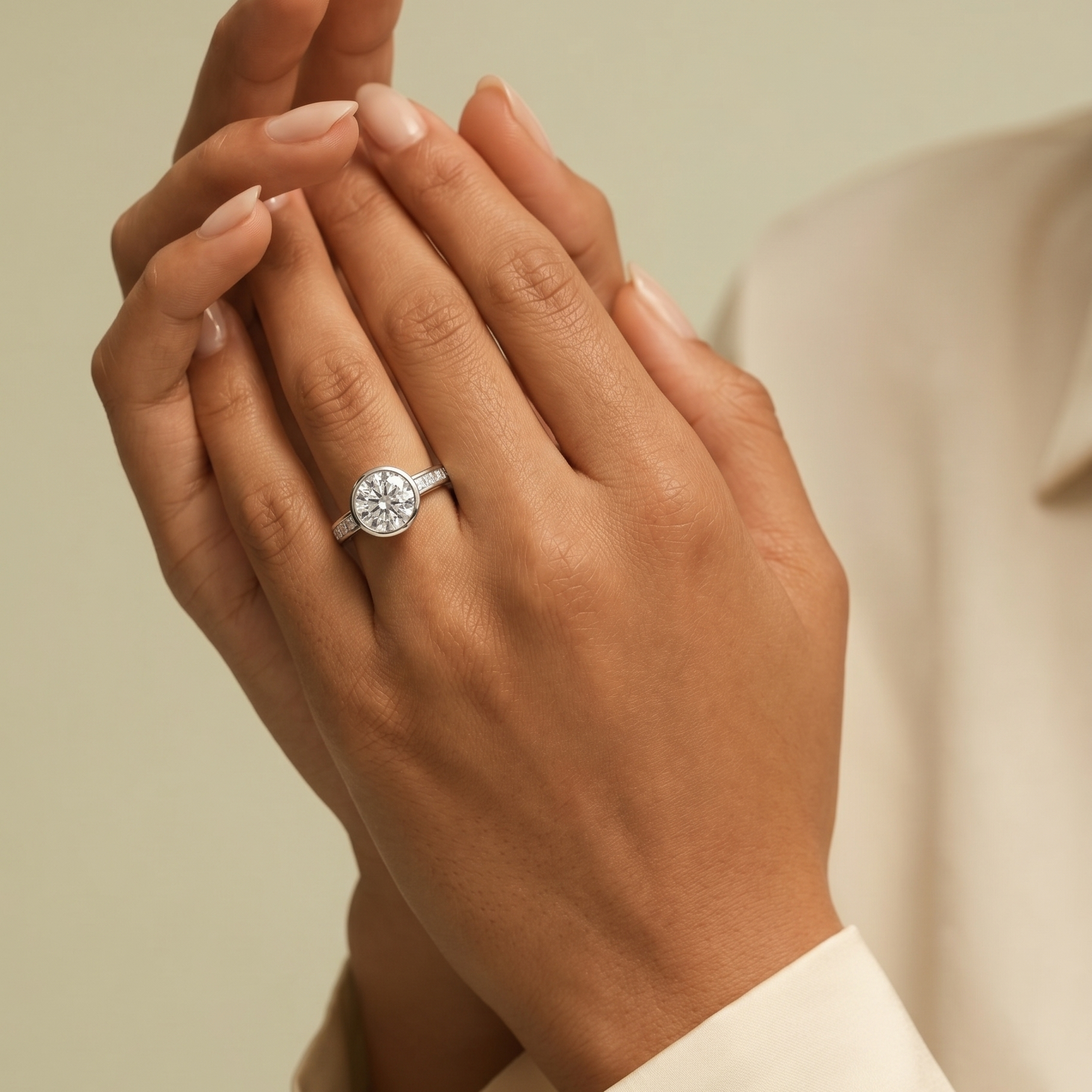 Close-up of round Beacon Channel engagement ring handcrafted by Cove Fine Jewelry