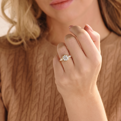 Round bezel baguette lab-grown diamond engagement ring in 14K yellow gold by Cove Fine Jewelry