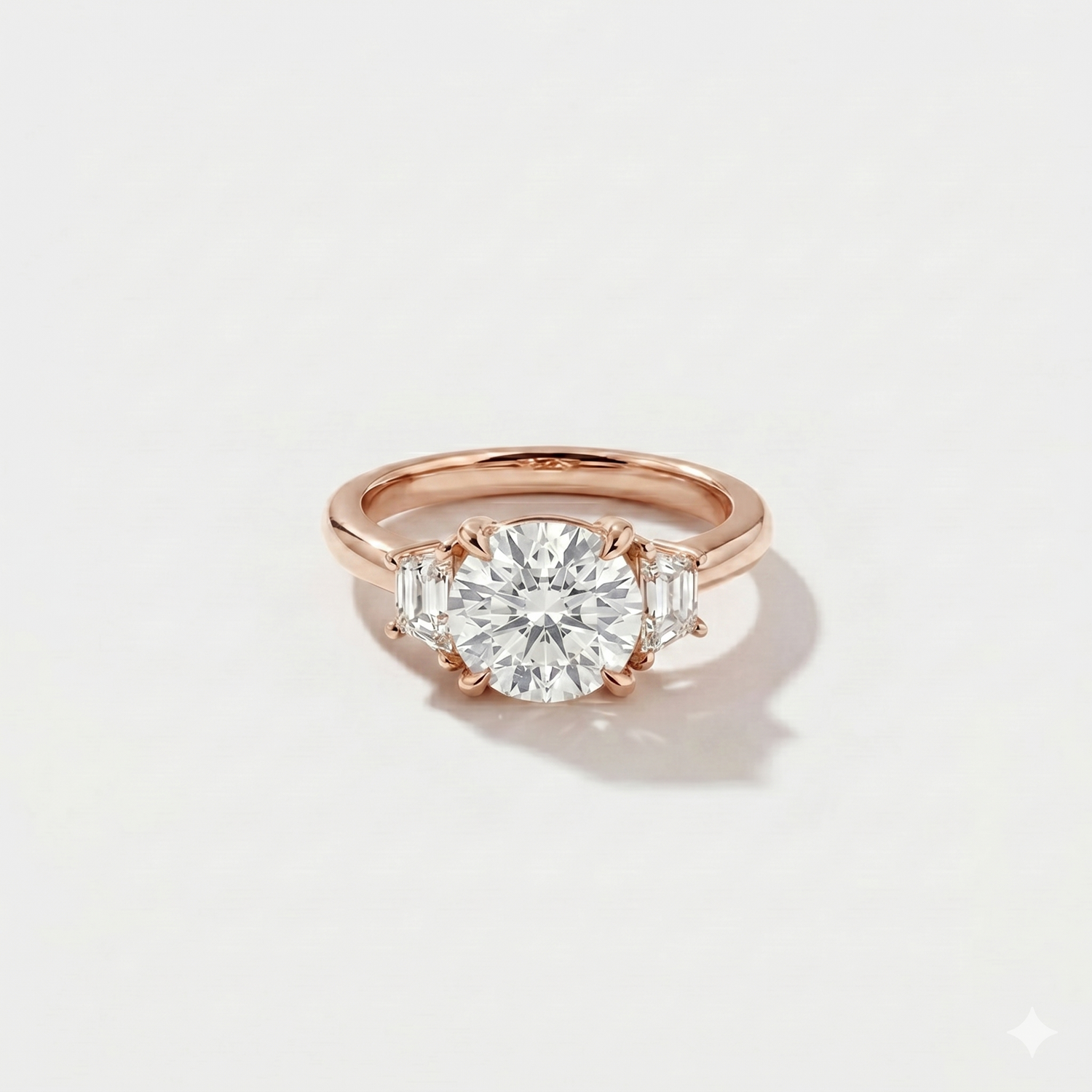 Round three stone lab-grown diamond engagement ring in 14K rose gold by Cove Fine Jewelry