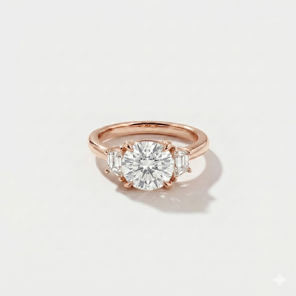 Round three stone lab-grown diamond engagement ring in 14K rose gold by Cove Fine Jewelry