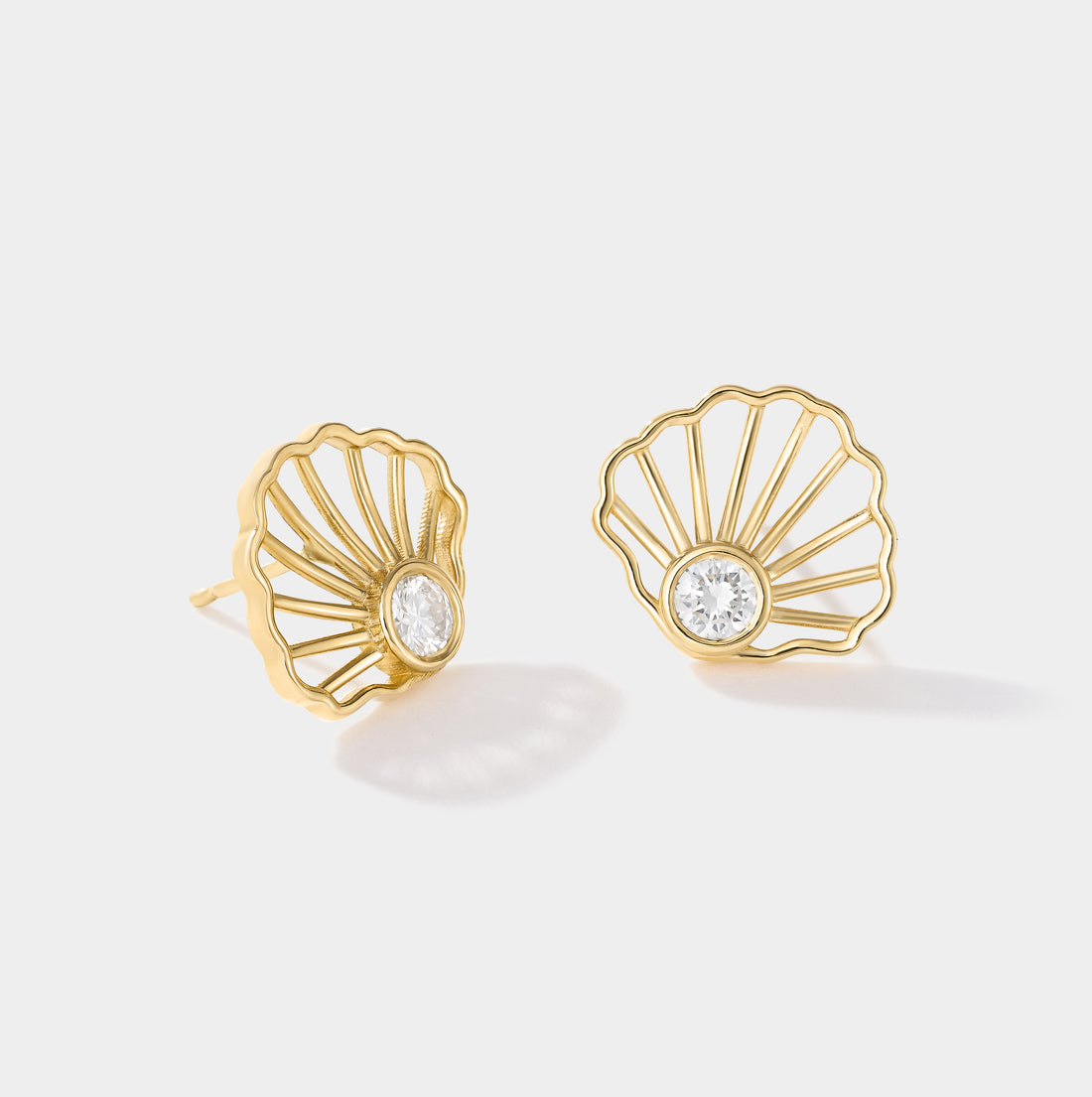 Scallop Diamond Studs in solid 14k gold, front product view