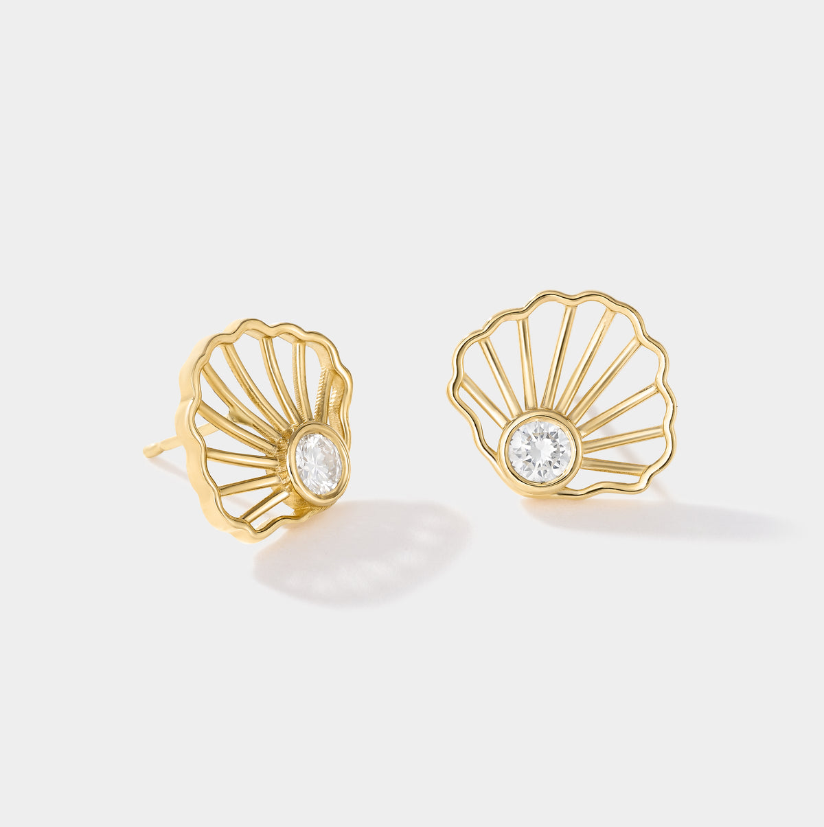 Scallop Diamond Studs in solid 14k gold, front product view